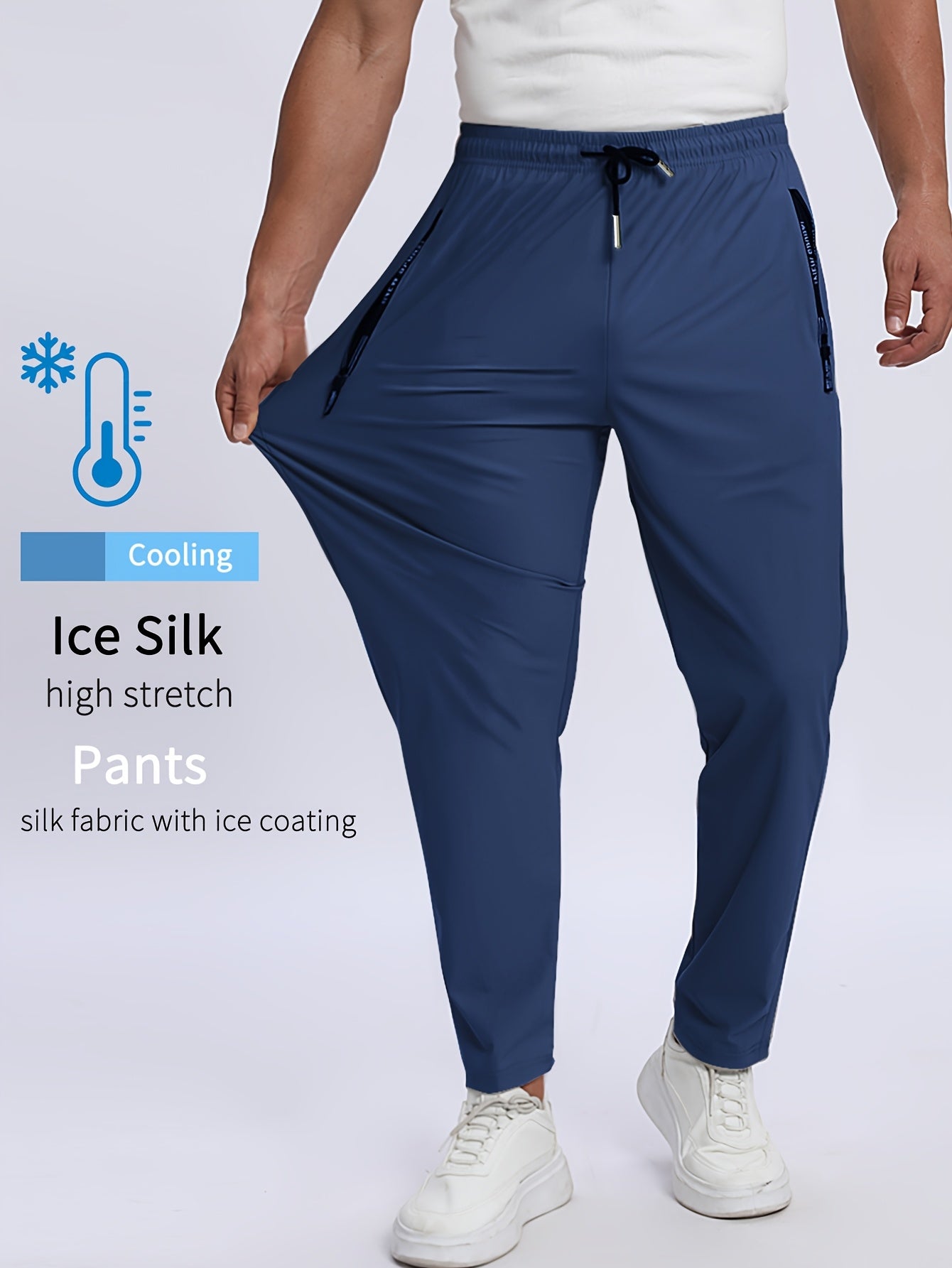 3pcs Men's Quick-Dry Athletic Pants - Moisture-Wicking, Breathable, Adjustable Drawstring & Zipper Pockets for Running, Gym, Casual Wear | Ice Silky Fabric (Black, Navy, Dark Gray)