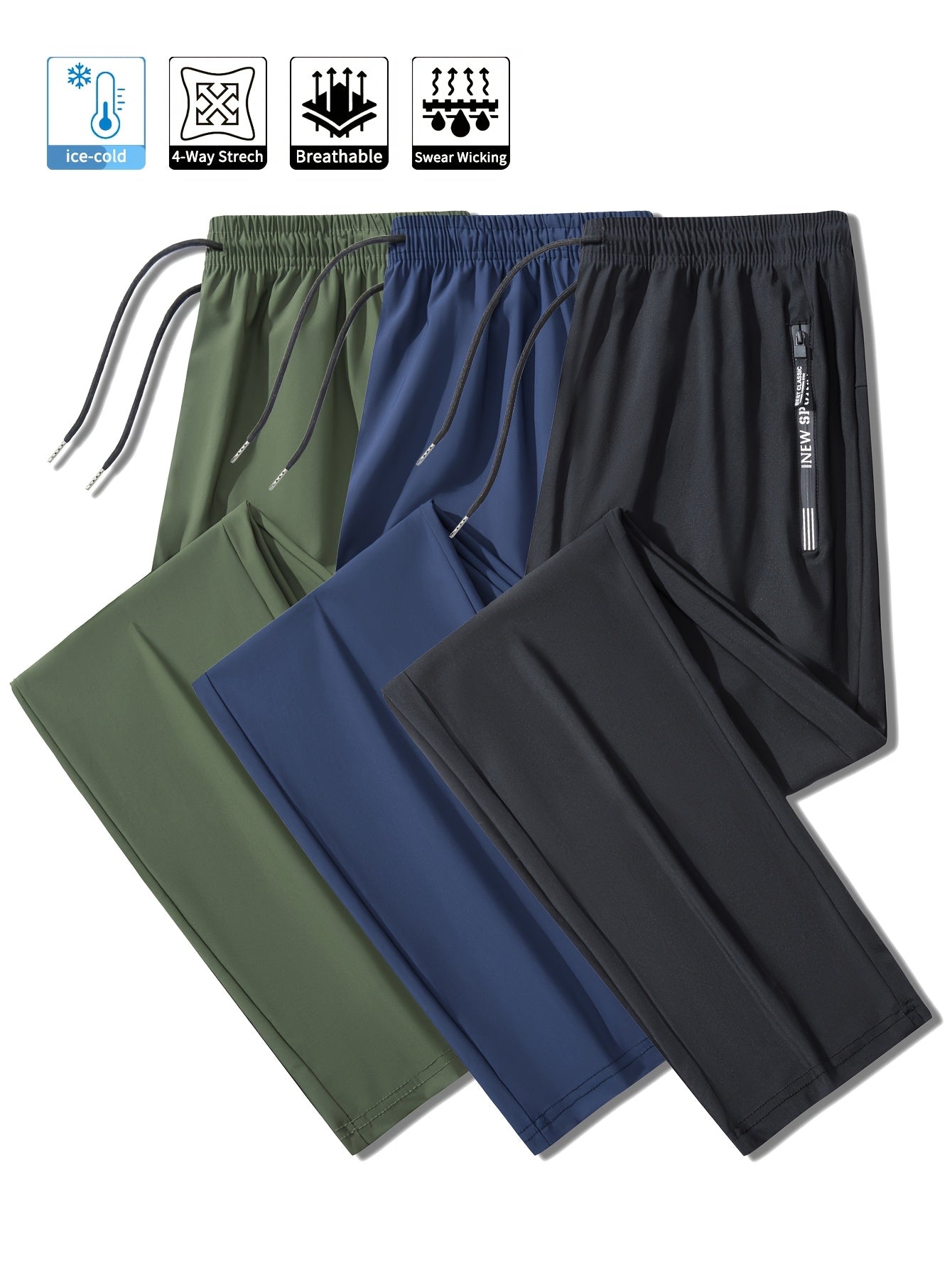 3pcs Men's Quick-Dry Athletic Pants - Moisture-Wicking, Breathable, Adjustable Drawstring & Zipper Pockets for Running, Gym, Casual Wear | Ice Silky Fabric (Black, Navy, Dark Gray)