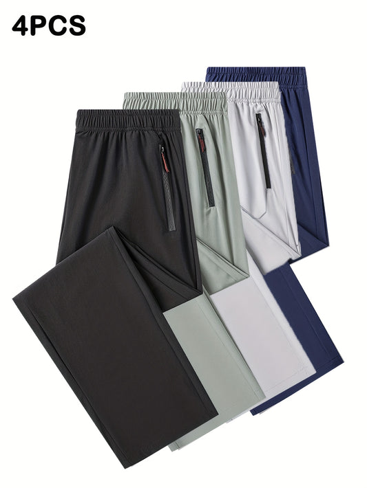 4pcs Men'S Casual Drawstring Pants - Lightweight, Stretchy Fabric, Zipper Pockets, Perfect for Running, Jogging & Everyday Wear, Summer Casual Wear | Relaxed Fit Pants | Elastic Waistband Pants