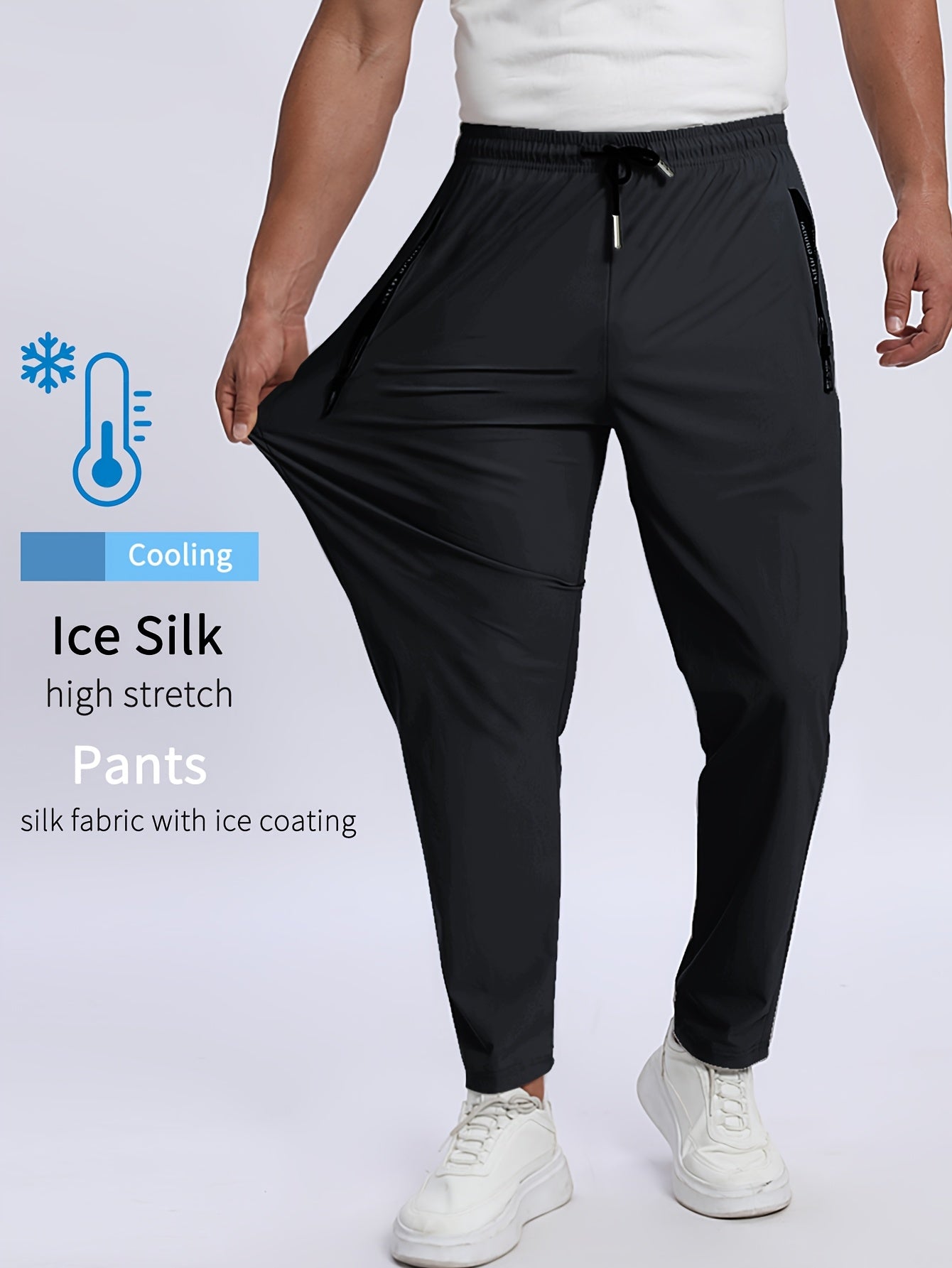 3pcs Men's Quick-Dry Athletic Pants - Moisture-Wicking, Breathable, Adjustable Drawstring & Zipper Pockets for Running, Gym, Casual Wear | Ice Silky Fabric (Black, Navy, Dark Gray)