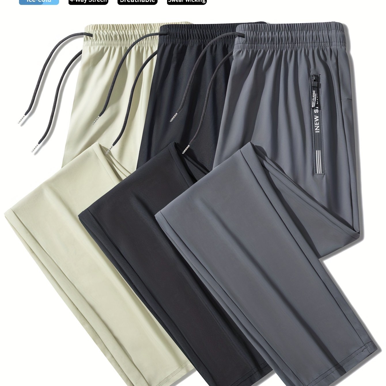 3pcs Men's Quick-Dry Athletic Pants - Moisture-Wicking, Breathable, Adjustable Drawstring & Zipper Pockets for Running, Gym, Casual Wear | Ice Silky Fabric (Black, Navy, Dark Gray)