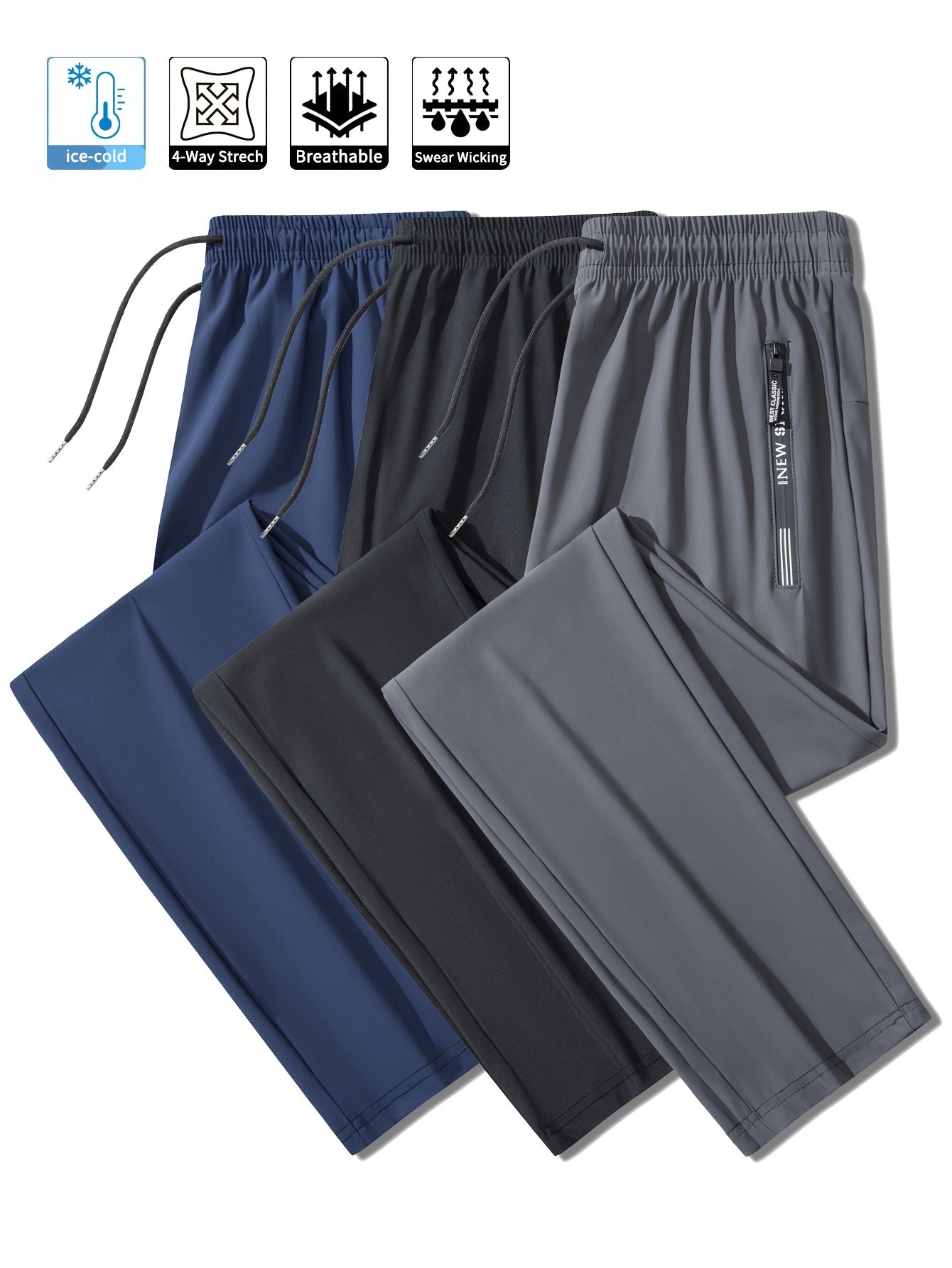 3pcs Men's Quick-Dry Athletic Pants - Moisture-Wicking, Breathable, Adjustable Drawstring & Zipper Pockets for Running, Gym, Casual Wear | Ice Silky Fabric (Black, Navy, Dark Gray)