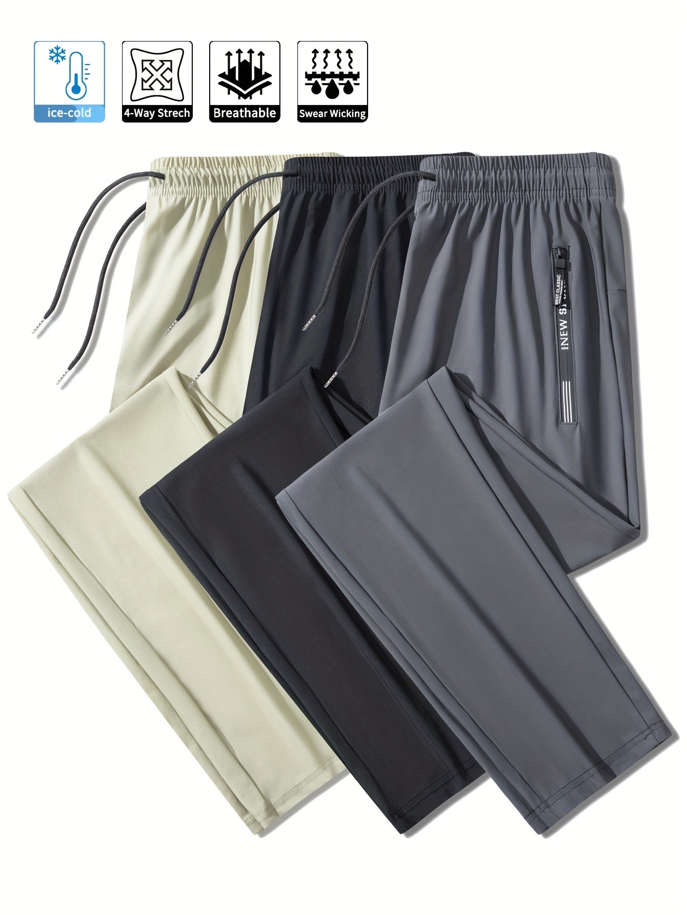 3pcs Men's Quick-Dry Athletic Pants - Moisture-Wicking, Breathable, Adjustable Drawstring & Zipper Pockets for Running, Gym, Casual Wear | Ice Silky Fabric (Black, Navy, Dark Gray)