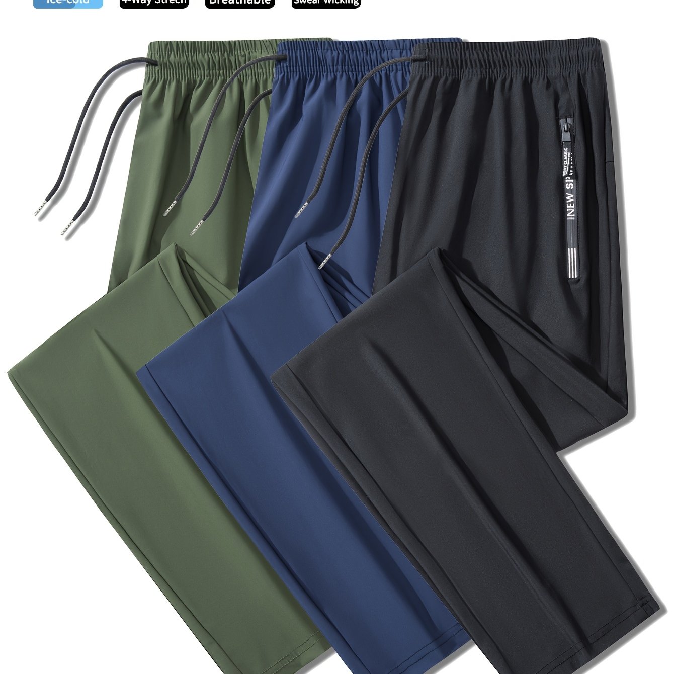 3pcs Men's Quick-Dry Athletic Pants - Moisture-Wicking, Breathable, Adjustable Drawstring & Zipper Pockets for Running, Gym, Casual Wear | Ice Silky Fabric (Black, Navy, Dark Gray)