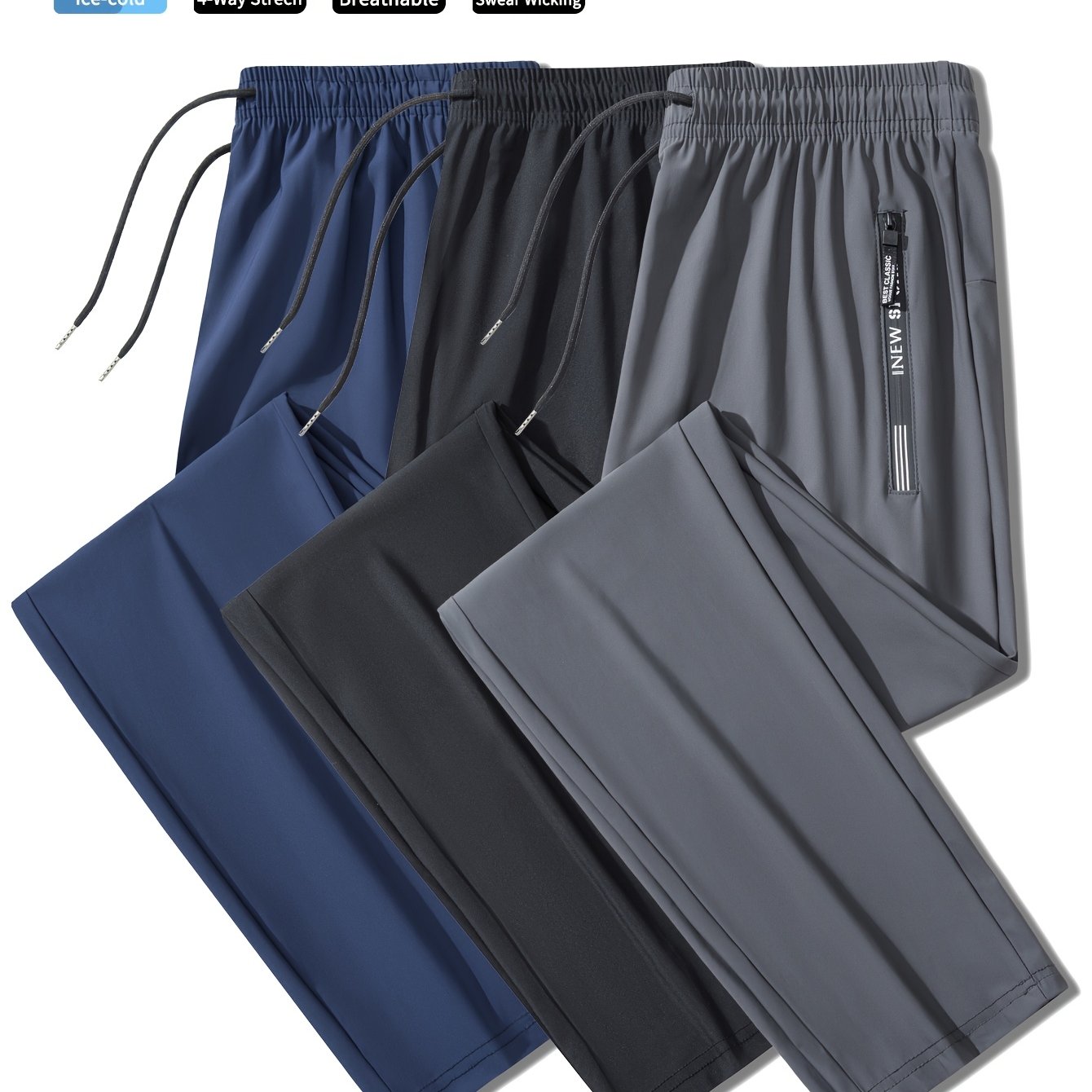 3pcs Men's Quick-Dry Athletic Pants - Moisture-Wicking, Breathable, Adjustable Drawstring & Zipper Pockets for Running, Gym, Casual Wear | Ice Silky Fabric (Black, Navy, Dark Gray)